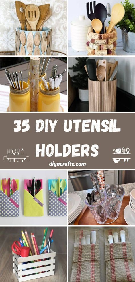 35 DIY Utensil Holders Cutlery Caddy Ideas, Plasticware Holder Ideas, Dollar Tree Utensil Holder Diy, Diy Silverware Holder For Party, Diy Cutlery Holder, Diy Cooking Utensil Holder, Utensil Holder Ideas For Party, Diy Kitchen Utensil Organization, Utensil Holder Diy