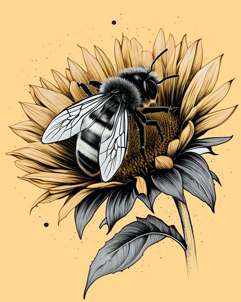 Add a touch of nature to your home with this stunning bee and sunflower drawing. The contrast between the light yellow sunflower and the black and white background is eye-catching and beautiful. Get it now on Redbubble! 🎨 #beeart #sunflowerdrawing #natureinspired #homedecor #artprints #redbubbleartist #wallart #botanicalillustration #pinterestmarketing #artcollectors Sunflower Botanical Illustration, Honey Bee Art Drawings, Bee Art Drawing, Sunflower Bee Tattoo, Sunflower And Bee Tattoo, Light Yellow Sunflower, Honey Bee Illustration, Bee On Sunflower, Honey Bee Drawing