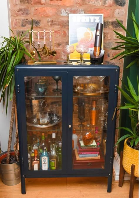 Curio Bar Cabinet, Ikea Cabinet Bar Hack, Cocktail Bar Cabinet, Curio Cabinet Bar, Bar Cabinet Decor, Bar Cart Cabinet, Cute Interior Design, Easy Kitchen Updates, Cozy Cubicle