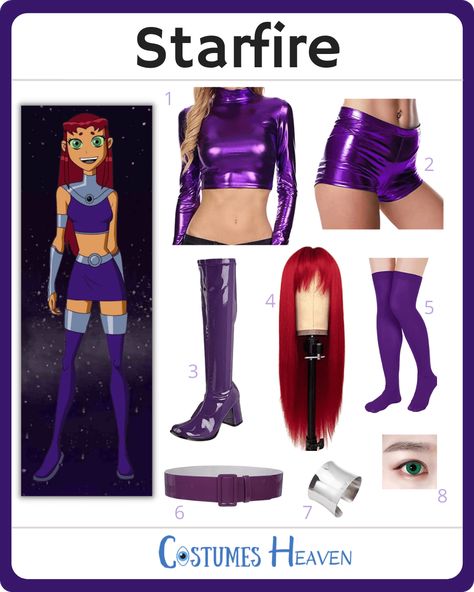 Raven And Starfire Inspired Outfits, Star Fire Raven Costume, Starfire Halloween Costume Diy, Star Fire Costume Diy, Halloween Costumes Starfire, Starfire Teen Titans Costume, Starfire Costume Ideas, Nightwing And Starfire Costume, Halloween Costume Starfire