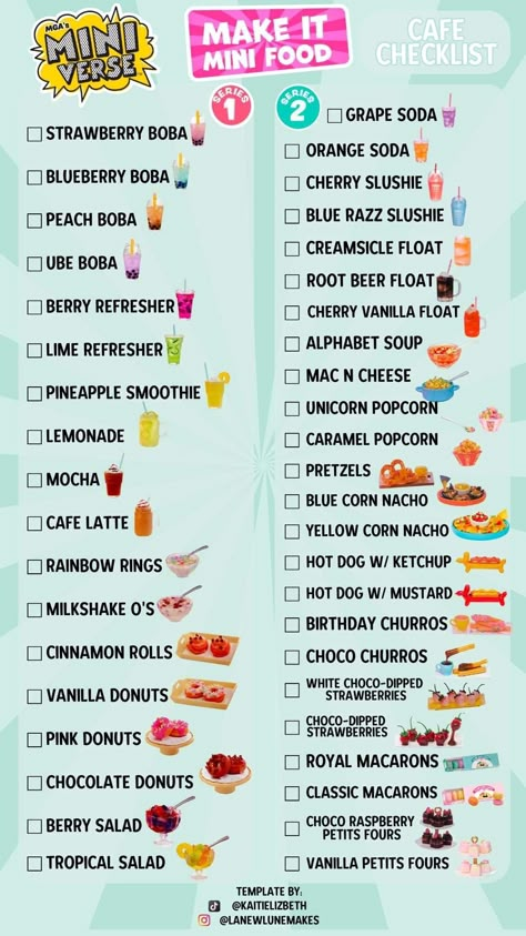 Mini Brands Checklist, Mini Verse Make It Mini Food, Make It Mini Food, Animale Crossing, Mini Verse, Mini Cafe, Miniture Food, Sleepover Birthday Parties, Mini Brands