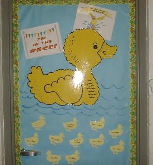 Ducky classroom door decoration Infant Bulletin Board, Easter Classroom Door, Bookcase Door Diy, French Door Decor, Pond Crafts, Classroom Door Decorations, Water Lessons, Teal Front Doors, Salvaged Door