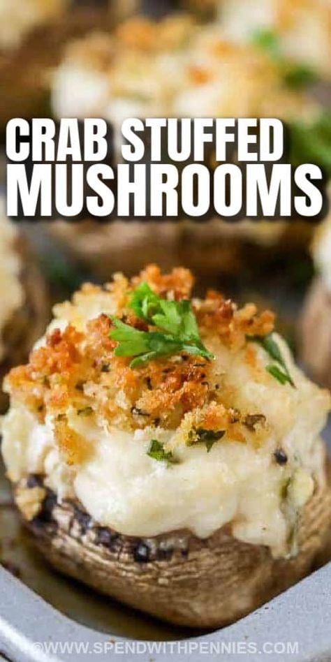 Crab stuffed mushrooms can be prepared in advance and frozen. Perfect for potlucks or a quick snack. They can be cooked right from frozen but you will need to adjust the cooking time. #spendwithpennies #easyappetizer #stuffedmushrooms #partyfood #potluck Crab Stuffed Mushroom Caps, Crab Mushrooms, Deviled Crab, Giada At Home, Crab Stuffed Mushrooms, Mushroom Appetizers, Mushroom Caps, Fresh Bread Crumbs, Creamy Crab