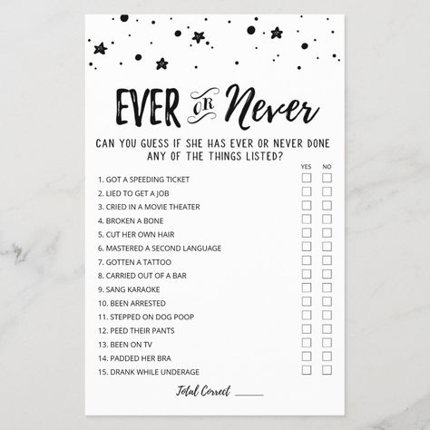 Editable Ever or Never Bridal Shower game Size: 5.5" x 8.5". Color: Satin. Gender: unisex. Age Group: adult. Would She Rather Game, Bridal Shower Games Funny, Would She Rather, Bridal Shower Inspo, Fun Bridal Shower Games, Wedding Game, Bridal Shower Activities, Bridal Shower Planning, Bachelorette Party Planning