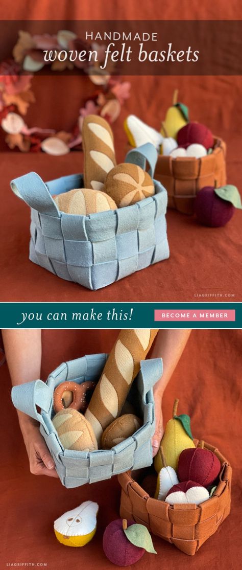 Felt Basket Pattern, Felt Basket Diy, Easy Felt Food, Water Felting, Felt Bakery, Diy Felt Food, Felt Food Patterns Free, Paper Flower Ideas, Play Bakery