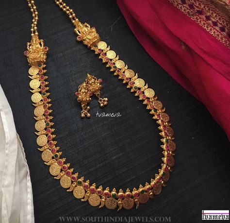 Simple Coin Haram From Tvameva ~ South India Jewels Kasulaperu Necklace, Kasula Peru, Antique Haram, Temple Earrings, Kemp Necklace, Mango Haram, Mango Necklace, Gold Haram, Long Haram