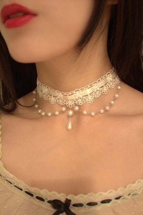 Kalung Choker, Peterpan Collar, قلادات متدلية, Ribbon Collar, White Choker, Vintage Style Necklace, Bridal Choker, Lace Choker, Gothic Vintage