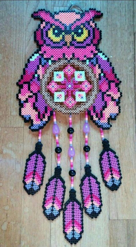 Owl Dreamcatcher, Easy Perler Bead Patterns, Pearl Beads Pattern, Beads Patterns, Fuse Bead Patterns, Art Perle, Hama Beads Design, Bead Crochet Patterns, Perler Bead Templates