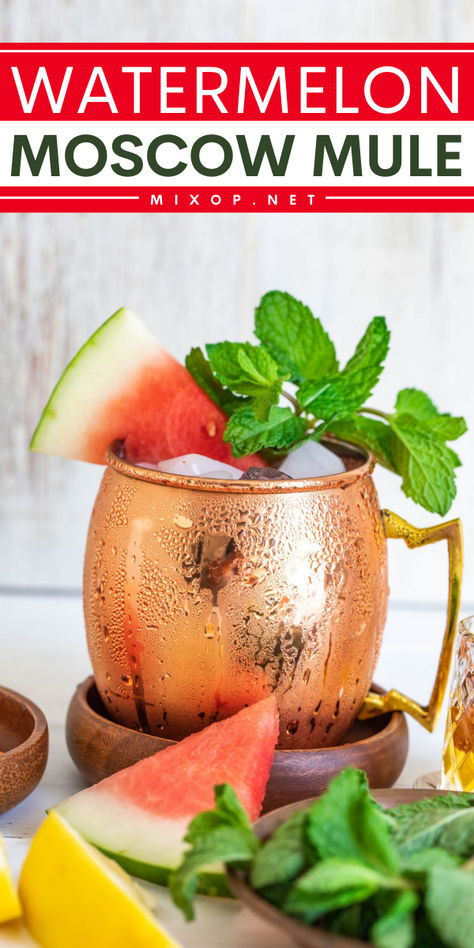 Quench your summer thirst with this Watermelon Moscow Mule recipe! This fruity, easy summer cocktail combines refreshing watermelon chunks, zesty lemons or limes, mint, vodka and spicy ginger beer for a delightful burst of flavor! Mule Recipe Vodka, Summer Mules Cocktail Recipes, Summer Moscow Mule Recipe, Vodka Watermelon, Vodka Mule Recipe, Mule Drink Recipes, Summer Cocktail Recipes Vodka, Cosmopolitan Drink Recipe, Easy Party Drinks