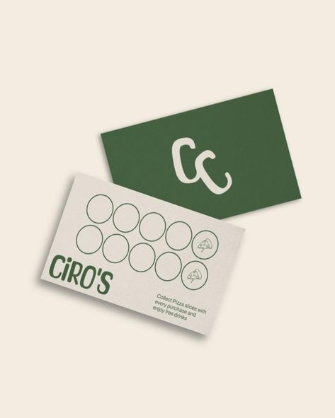 Minimalist restaurant loyalty card design featuring green and white color scheme with Ciro's logo and collection circles for pizza purchases, shown with business card Loyalty Cards Ideas, Corporate Breakfast, Loyalty Card Coffee, Luxe Branding, Loyalty Card Design, Lunch Cafe, Cafe Business, Pizza Branding, Referral Cards