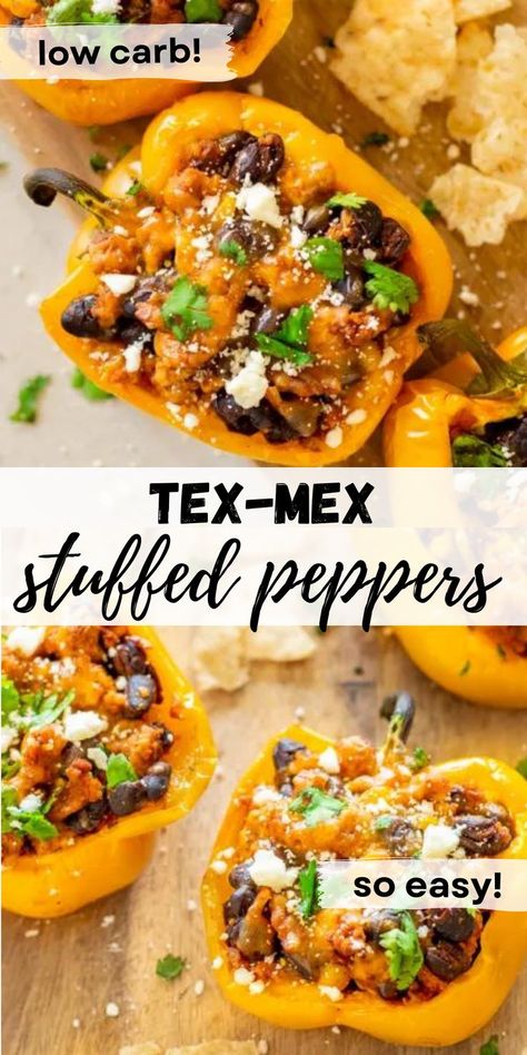 Easy Tex-Mex Stuffed Pepper Recipe: Elevate dinner tonight with our easy-to-follow Tex-Mex stuffed pepper recipe! Packed with flavorful beef and high-protein goodness, these peppers are a low-carb and healthy delight. Satisfy your cravings while staying on track with your goals! Low Carb Stuffed Peppers, Stuffed Peppers Beef, Turkey Taco Salad, Mexican Stuffed Peppers, Green Chilis, Keto Stuffed Peppers, Corn Rice, Stuffed Peppers Turkey, Low Carb Mexican