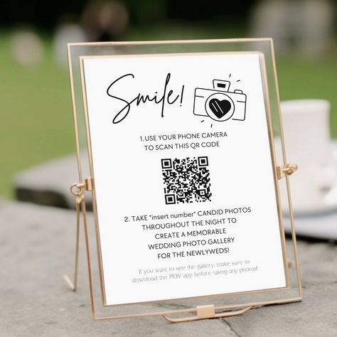 Do you want film cameras at your wedding without the hassle or cost? Use the POV app (or something similar) for your guests to take candid photos throughout the night! Make your own sign to display at your wedding with your personal QR code from the app and directions for your guests. Three sizing options included: 4x6 inches, 5x7 inches, and 8x10 inches Be prepared to add your own QR code from the POV app to your template.  You can change any wording of the directions. Save 50% when you buy three items or more! Use code SAVE50 at checkout! How to order and create your files: 1. Place the order on Etsy 2. Create a FREE Canva account at www.canva.com 3. Download a PDF guide with instructions to access the template 4. Upload your own QR code to add to the template. Feel free to change the fo We Code For Wedding Pictures, Pov Camera Wedding App, Pov App Wedding, Pov Camera Wedding Sign, Wedding Pov App Sign, Pov App Wedding Sign, Wedding Pov App, Wedding Cameras For Guests, Wedding Sign In