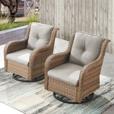 Rattan Color: Brown Rattan; Grey Rattan; Light Grey Rattan; Yellow Rattan Cushion Color: Blue; Beige; Grey; Baby Blue; Red Features: High back & Curved Armrest: These Outdoor Wicker Rocking Lounge Chairs feature a high back and curved arm rest to better… Outdoor Porch Furniture, Wicker Swivel Chair, Outdoor Wicker Rocking Chairs, Front Porch Furniture, Screened Porch Decorating, Rattan Light, White Rattan, Outdoor Swivel Chair, Wicker Couch