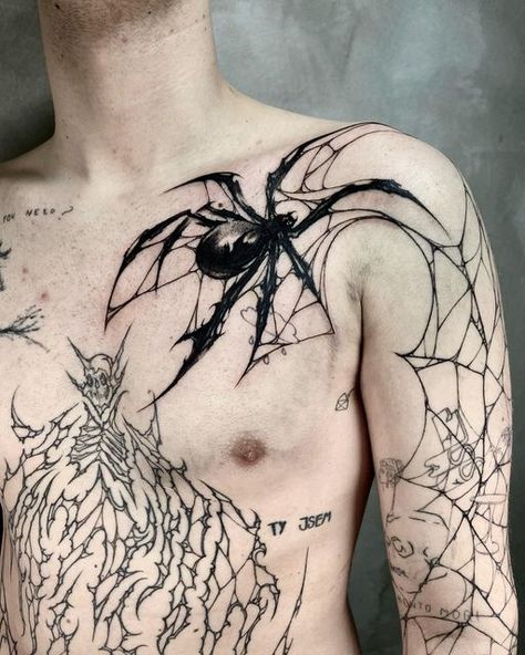 Cobweb Neck Tattoo, Gothic Spider Web Tattoo, Spider Tattoo Cover Up, Spider Abdomen Tattoo, Spider Torso Tattoo, Black Widow Back Tattoo, Cobweb Tattoo Shoulder, Spider Back Tattoo Men, Large Spider Tattoo