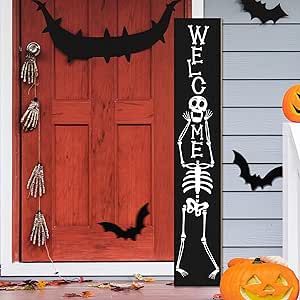 Frankenstein Porch Sign, Rustic Porch Signs, Standing Welcome Sign Front Door, Fall Halloween Decor Porch, Halloween Door Signs Front Porches, Small Porch Halloween Decor, Fall Welcome Sign Front Door, Porch Sign Ideas, Fall Porch Signs