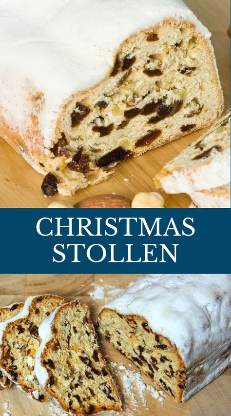 Traditional German Christmas Stollen bread dusted with powdered sugar, ideal for holiday gatherings and festive gifts.Christmas Bread, Christmas Stollen,Christmas Party Food Recipes European Christmas Treats, German Christmas Stolen, German Stollen Recipe Easy, Christmas Stolen Recipes, Stollen Bread Recipe, German Stollen Recipe, Marzipan Stollen Recipe, Easy Stollen Recipe, Stollen Bites