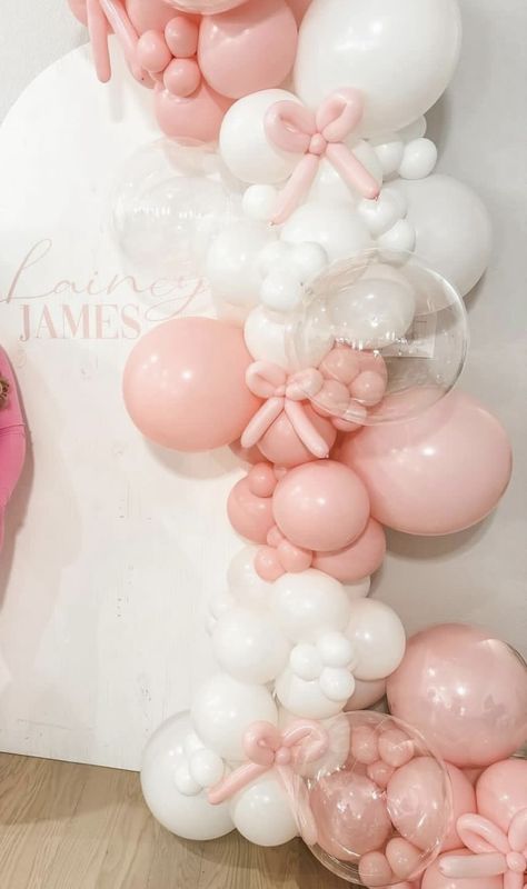 Pink Baby Shower Backdrop, Ballerina Balloons, Coquette Balloons, Light Pink And White Balloon Garland, White And Baby Pink Balloon Garland, Baby Shower Balloon Garland, Balloons With Bows On Them, Coquette Balloon Arch, Bow Balloon Garland