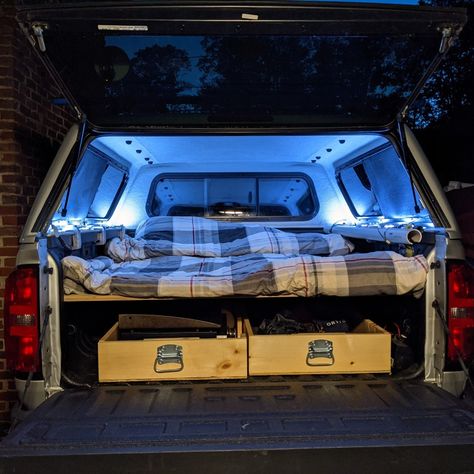 Truck Bed Cap Camper, Camper Topper Truck Camping, Diy Truck Camping, Truck Cap Camping Ideas, Ram Overland, Organizer Ideas Diy, Truck Camper Build, Festival Prep, Truck Topper Camping