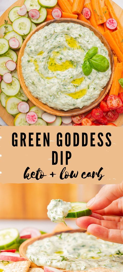 This creamy green goddess dip is the healthy dip you need to get all of your greens in! It doubles as a dressing for salads and spread for sandwiches! Try it at your next summer BBQ. keto dips | low carb dips | summer dips | healthy dips Low Carb Dips, Green Goddess Dip Recipe, Dips Healthy, Low Carb Summer Recipes, Bbq Keto, Summer Dip Recipes, Dips And Appetizers, Keto Dips, Green Goddess Dip