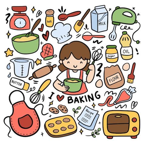 Kawaii Baking, Baking Drawing, Doodles Kawaii, Food Doodles, Baby Scrapbook Pages, Baking Equipment, Doodle Cartoon, Food Backgrounds, Girly Drawings