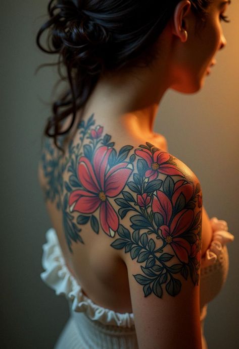 shoulder tattoo Japanese Peony Tattoo Shoulder, Floral Tattoo Design Shoulder, Peony Tattoo Shoulder, Shoulder Flower Tattoo, Japanese Peony Tattoo, Japanese Peony, Colorful Flower Tattoo, Flower Shoulder Tattoo, Shoulder Tattoo Ideas