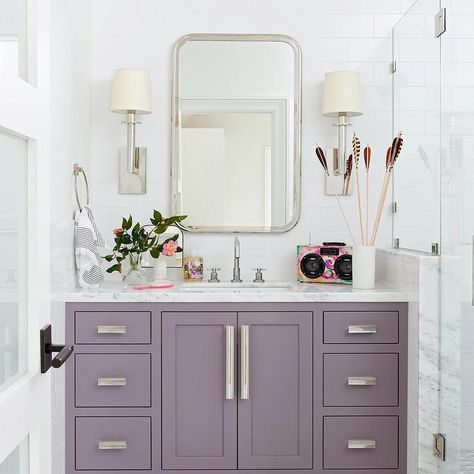 Purple Vanity Bathroom, Lilac Bathroom, Purple Cabinets, Lavender Bathroom, Purple Bathroom, Silver Bathroom, Purple Bathrooms, Faucet Design, Transitional Bathroom