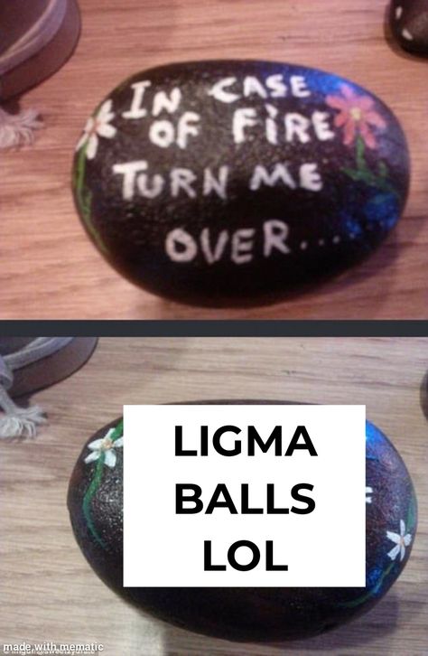 A painted rock says "in case of fire turn me over".
a poorly edited second photo shows the rock saying "ligma balls lol" Ligma Balls Meme, Ligma Balls, Lol Meme, Sense, Turn Ons, Humor, Stone, Memes, Quick Saves