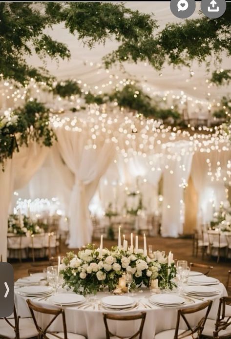 Indoor Wedding Receptions Elegant, Small Chapel Decorations Wedding, White Decor Wedding Receptions, Wedding Inspo Greenery, Wedding Centerpieces White Flowers And Greenery, Silver And White Wedding Reception, Simple Venue Decor, Romantic White Wedding Decor, Elegant Home Wedding