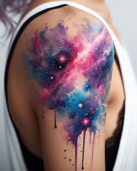 Watercolor Wings Tattoo, Space Tattoo Shoulder, Star Galaxy Tattoo, Watercolor Space Tattoo, Neon Tattoos, Galaxy Tattoos, Watercolor Galaxy Tattoo, Nebula Tattoo, Colour Tattoo For Women