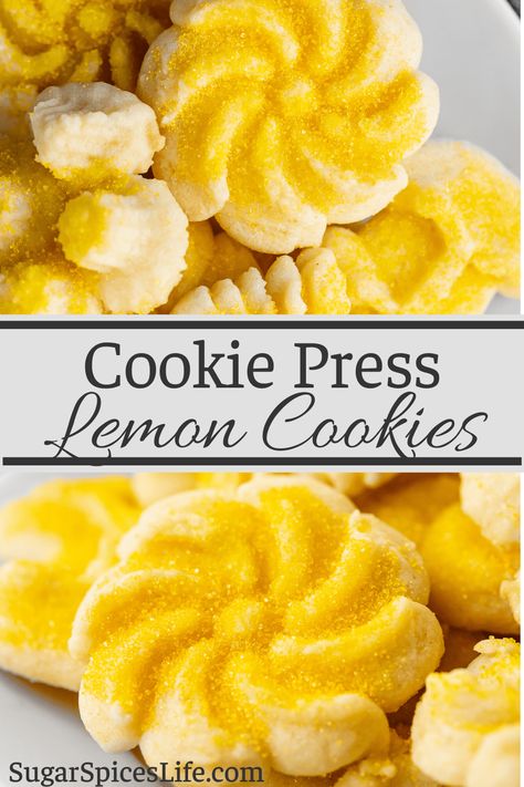 Cookie Press Lemon Cookies Recipe - Sugar Spices Life Cookie Press Cookies, Press Cookies, Cream Cheese Spritz Cookies, Cookie Press Recipes, Cream Cheese Cookie, Christmas Spritz Cookies, Lemon Cookies Easy, Spritz Cookie Recipe, Lemon Treats