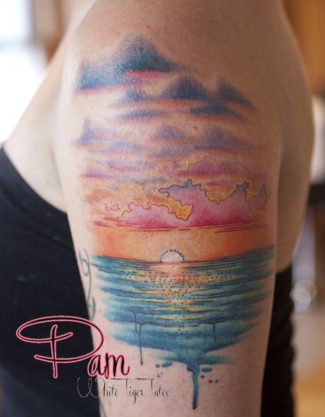 sunset tattoo cool sun and glare idea Sunset Tattoos For Women Color, Sun With Ocean Tattoo, Sunrise Ocean Tattoo, Unique Sunset Tattoo, Sunrise Over Ocean Tattoo, Sunset Water Tattoo, Sunrise Tattoo Color, Sunset Memorial Tattoo, Sunrise And Sunset Tattoo