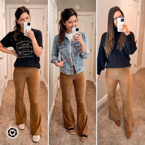 Aerie Velour Flare Pants, How To Style Suede Pants, Velour Flare Pants Outfit, Suede Pants Outfit Camel, Tan Suede Pants Outfit, Carmel Pants Outfit, Tan Flare Pants Outfit, Brown Suede Pants Outfit, Tan Corduroy Pants Outfit