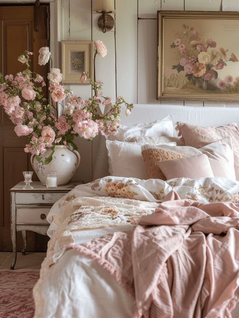 Visionary Victorian bedroom ideas incorporating timeless beauty with modern concepts Cozy Shabby Chic Bedroom, Antique Feminine Bedroom, Modern Rococo Bedroom, Dusty Rose Bedroom Ideas Vintage, Girly Victorian Bedroom, Bedding Ideas Not White, Bedding Styling Ideas, Pink French Country Bedroom, Granny Bedroom Aesthetic