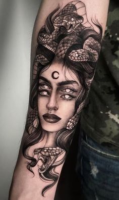 Medusa Tattoo Forearm Sleeve, Large Medusa Tattoo, Aztec Medusa Tattoo, Goth Medusa Tattoo, Tattoo Medusa Feminina, Medusa Chest Tattoo Female, Medusa Neck Tattoo, Semi Realism Tattoo, Medusa Tattoos For Women