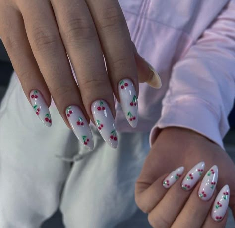 Lana Del Ray Nails, Cherry Nails Almond, Cute Cherry Nails, Diy Long Nails, Nail Inspo Spring, Nails Almond Shape, Dragon Nails, Cherry Nails, Green Nail