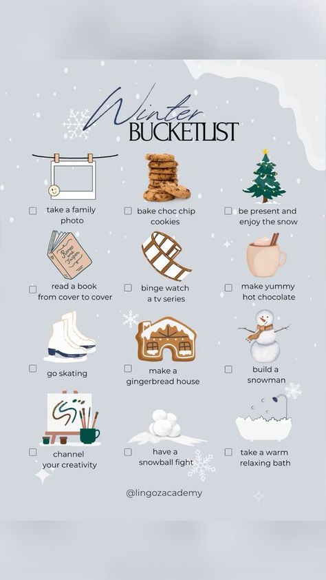 Winter Movie Bucket List, January Hosting Ideas, Cozy Winter Activities, December Things To Do, Christmas Bucket List Aesthetic, Winter Bucket List Aesthetic, Things To Do In Winter With Friends, Winter Things To Do, Winter Ideas Activities