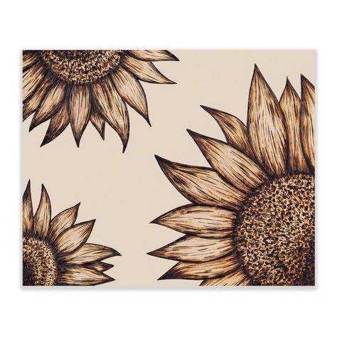 This Print Was Created From My Original Wood Burned Sunflower Sign. Featuring 3 Sunflowers On A Tan Background. Read More Details Below! **Frame Not Included** Details: Size: 8x10 Inches Borderless And Printed Right To The Edge Printed With Archival Inks On Quality 120 Lb Paper Has A Beige/Light Brown Background With 3 Bold Sunflowers Each Art Print Is Individually Signed On The Back This Print Was Made From My Original Whimsical Sunflower Wood Burning Frames And Props Shown Are Not Included. Th Large Wood Burning Art, Floral Wood Burning Patterns, Sunflower Stencil Printable, Wood Burning Designs Pyrography Patterns, Sunflower Wood Burning, Burning Piano, Easy Wood Burning Ideas, Best Wood Burning Tool, Burning Flowers