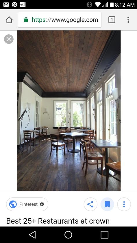 Black Cauffered Ceiling, Black Ceiling White Walls, Black Wood Ceiling, Black Wood Trim, Dark Wood Ceiling, Black Trim Interior, Stained Trim, Wood Plank Ceiling, Coved Ceiling