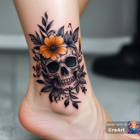 Skull Flower Tattoo Women, Small Skull Flower Tattoo, Pretty Skull Tattoos For Women, Unique Half Sleeve Tattoos For Women, Skull And Sunflower Tattoos For Women, Skull And Flower Tattoo, Skull Tattoos For Women, Skull With Daisy Tattoo, Skull Daisy Tattoo