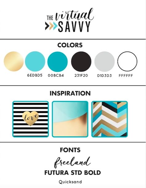 The Virtual Savvy Brand Board Teal Logo Color Palette, Teal Branding Board, Business Color Palette Brand Design Blue, Turquoise Brand Identity, Modern Branding Color Palette Blue, Branding Mood Board Inspiration, Brand Board Design, Brand Board Template, Turquoise Branding