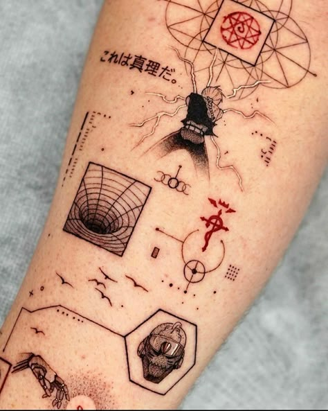 Elric Brothers Tattoo, Fullmetal Alchemist Brotherhood Tattoos, Doma Demon Slayer Tattoo, Sketch Book Tattoo Ideas, Liminal Space Tattoo, Fullmetal Alchemist Tattoos, Full Metal Alchemist Brotherhood Tattoo, Gamer Tattoos Men, Linux Tattoo