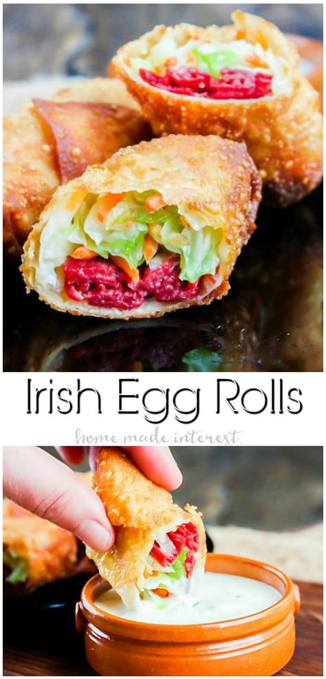 Irish Egg Rolls | Corned beef and cabbage is a classic St. Patrick’s Day recipe. We’ve turned this Irish recipe into an awesome St. Patrick’s Day appetizer. Irish Egg Rolls are all of the classic corned beef and cabbage flavors wrapped up in a crunchy egg rolls and dipped in a creamy parsley sauce. This is an easy St. Patrick’s Day appetizer recipe you don’t want to miss. #stpatricksday #eggrolls #appetizer #cornedbeef Irish Recipes Appetizers, St Patrick's Day Appetizers, St Patricks Food, Parsley Sauce, Irish Celebration, Chicken Spring Rolls, Corned Beef And Cabbage, St Patrick's Day Recipes, St Patricks Day Food