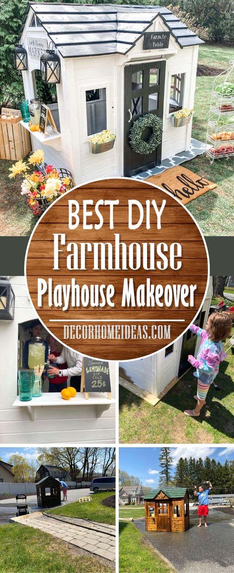 DIY Outdoor Farmhouse Playhouse Makeover. How to convert and old and worn playhouse into an adorable outdoor farmhouse style playhouse. #farmhouse #playhouse #makeover #diy #decorhomeideas Playhouse Decorating Ideas Outdoor, Play House Decorating Ideas Inside, Playhouse Decorating Ideas, Playhouse Ideas, Playhouse Decor Interior, Playhouse Makeover Interior, Outdoor Playhouse Interior Ideas, Repaint Outdoor Playhouse, Diy Playhouse Outdoor