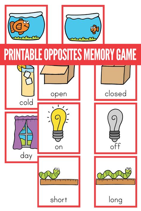 Printable Opposites Matching Game: Learning About Antonyms for PreK-1 Opposite Games For Preschoolers, Preschool Opposites Crafts, Preschool Opposites Activities, Opposites Worksheet Preschool, Opposites Craft, Memory Games For Kids Printable, Preschool Opposites, Opposite Words For Kids, Opposites For Kids