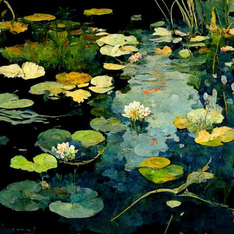 Lily Pad Color Palette, Pond With Lily Pads Painting, Pond Painting Acrylic, Lily Pads Painting, Water Lily Pond Painting, Pond Paintings, Dragonfly Paintings, Lily Pond Painting, Plywood Painting