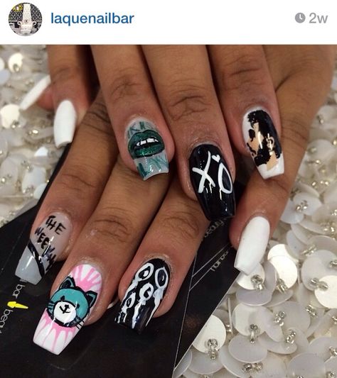 The Weeknd Nails. The Weeknd Nails Design, The Weeknd Nails, Xo Nails, Nails Funky, Nail Goals, Funky Nail Art, Nail Board, Diy Acrylic Nails, Happy Nails