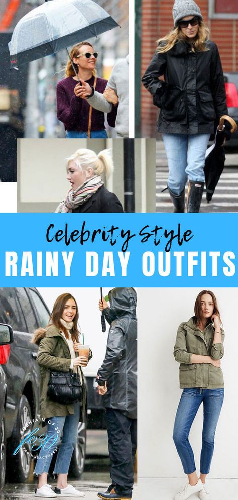 The perfect celebrity style rainy day outfits. Even our favorite celebs don't want to get wet and they look chic trying to stay dry. Here's how to get their looks!#style #fashion #celebritystyle #springfashion #streetstyle #over40style #experttips #looksforless #styletips #fountainof30 Womens Rainy Day Outfits Casual, Rainy Lake Day Outfit, Cold Rainy Day Outfit Winter Work, Rainy Day Fashion Street Style, Outdoor Rainy Day Outfit, Street Style Rainy Day, Rainy Day Sightseeing Outfit, 65 Degree Rainy Day Outfit, Chic Rainy Day Outfit Winter