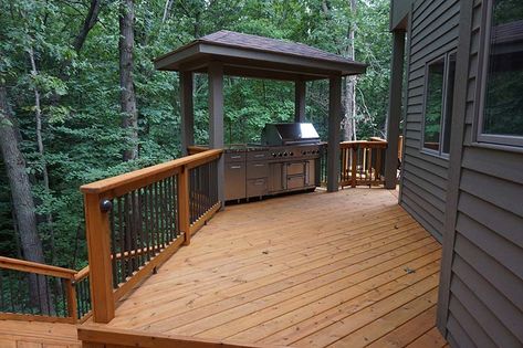 Wood Deck or Cedar Deck From Miles Bradley Building and Remodeling - Page 2 of 2 Grill Area On Deck, Covered Grill Area, Rustic Deck, Deck Grill, Comfortable Patio Furniture, Outdoor Grill Area, Deck Outdoor, Deck Remodel, Multi Level Deck