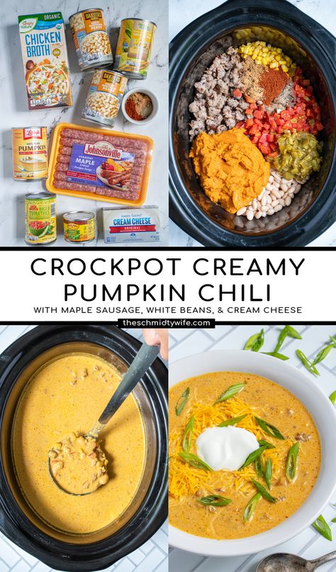 This is the best Crockpot Pumpkin Chili you didn’t even know you needed! This chili is inspired by a white chili base, the pumpkin puree is added with maple breakfast sausage, green chilies, and white beans makes for a unique and cozy fall chili! It is seriously one you don’t want to miss! Fall Crockpot Recipes Chili, Fall Chili Recipes Crock Pot, Unique Crockpot Chili, Soup Party Ideas Fall, Crockpot Fall Soups, Crockpot Halloween Recipes, Pumpkin Chili Crockpot, Thanksgiving Chili, Easy Fall Crockpot Recipes