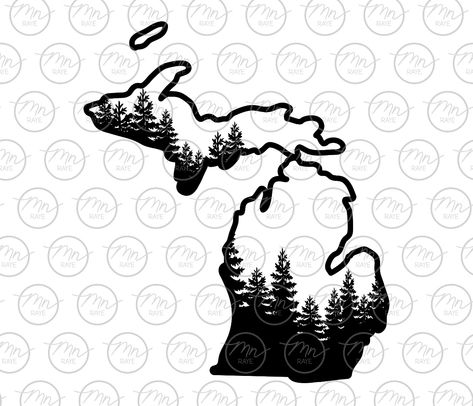 Michigan Svg, Buck Tattoo, Michigan Outline, Michigan Tattoos, Michigan Crafts, Pine Tattoo, Nature Silhouette, Outdoor Svg, Nature Svg